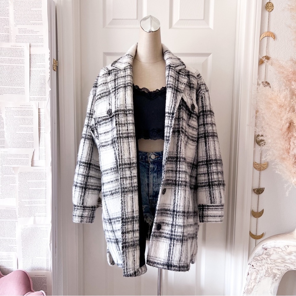 OLD NAVY Black & White Wool Blend Longline Long Sleeve Button Down Shirt Jacket